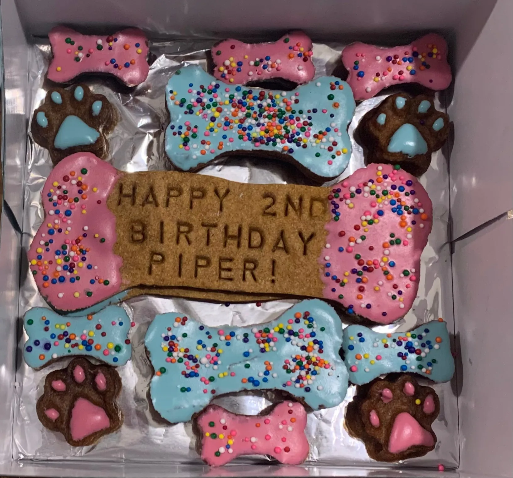 Dog treat gift box filled with pink and blue iced bone and paw cookies