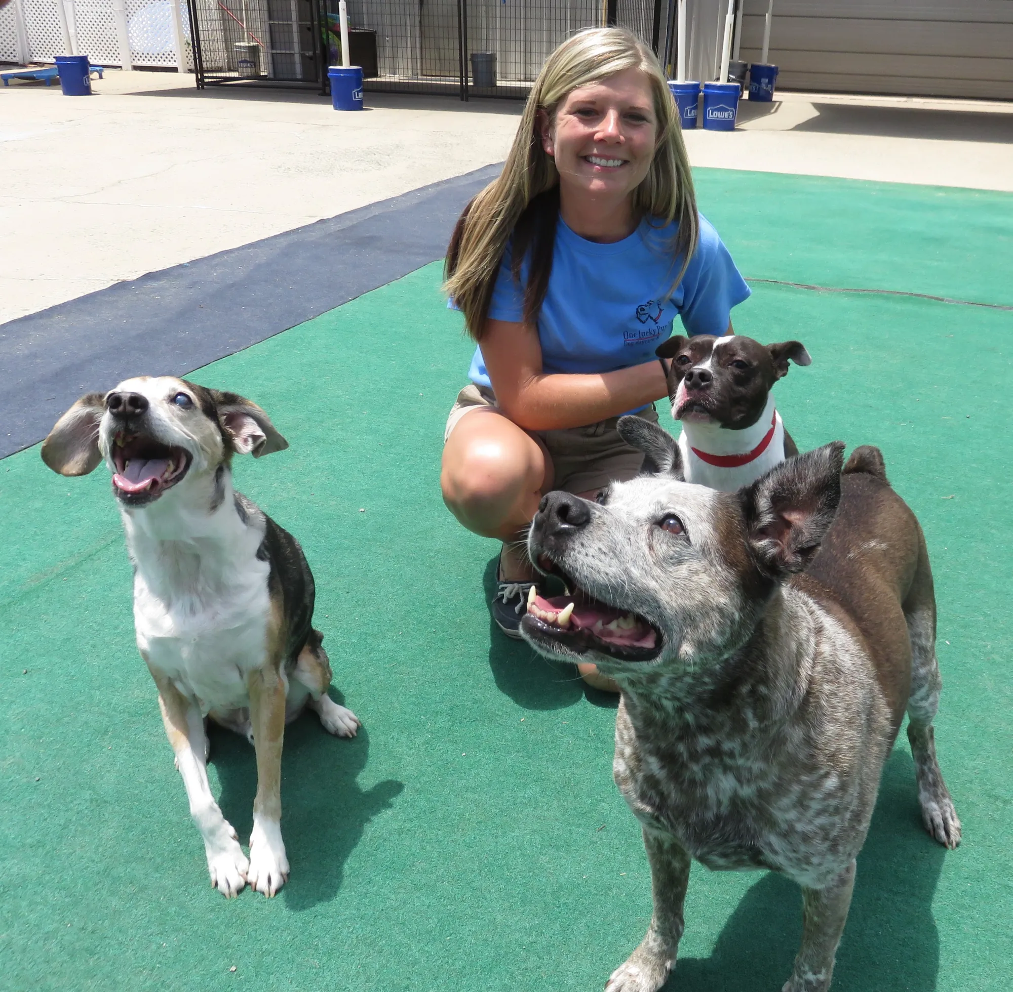 Shiloh Keuler, founder of Three Mutts Bakery, kneeling with her three rescue dogs
