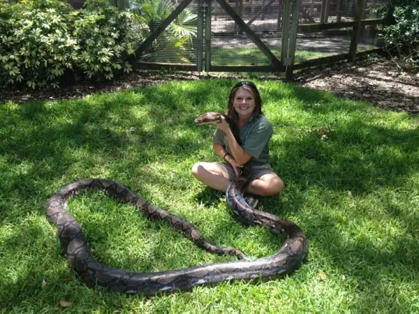 Shiloh Keuler seated with a large python coiled in the grass